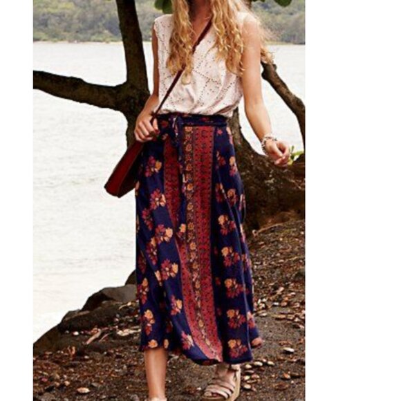 Free People Festival Boho Wrap Skirt Floral Cottagecore Maxi Blue Orange Medium - Picture 2 of 10